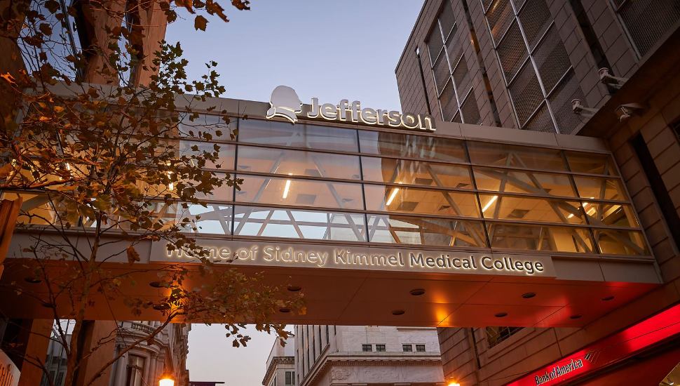 A second-floor crosswalk connecting two buildings at Jefferson Health.