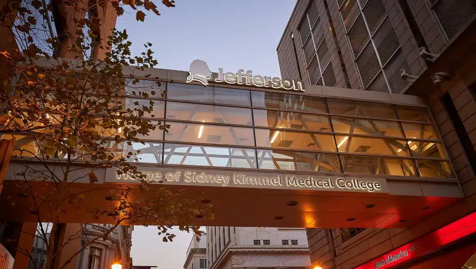A second-floor crosswalk connecting two buildings at Jefferson Health.