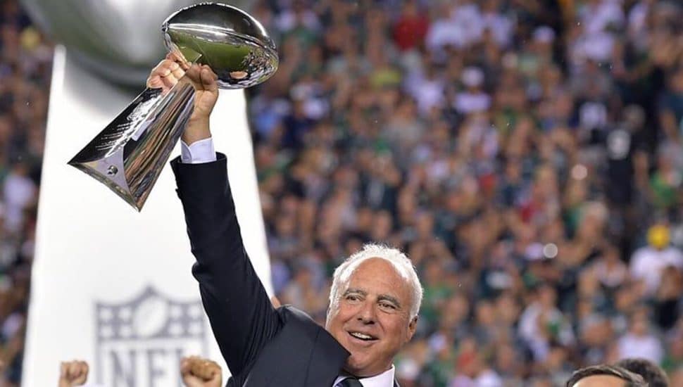 Jeffrey Lurie hoisting the Lombardi Trophy