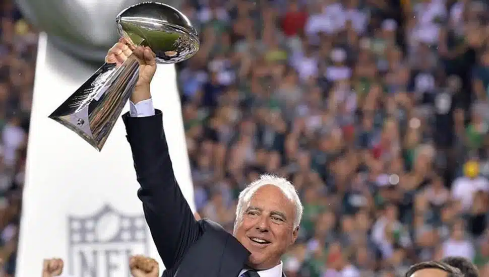 Jeffrey Lurie hoisting the Lombardi Trophy