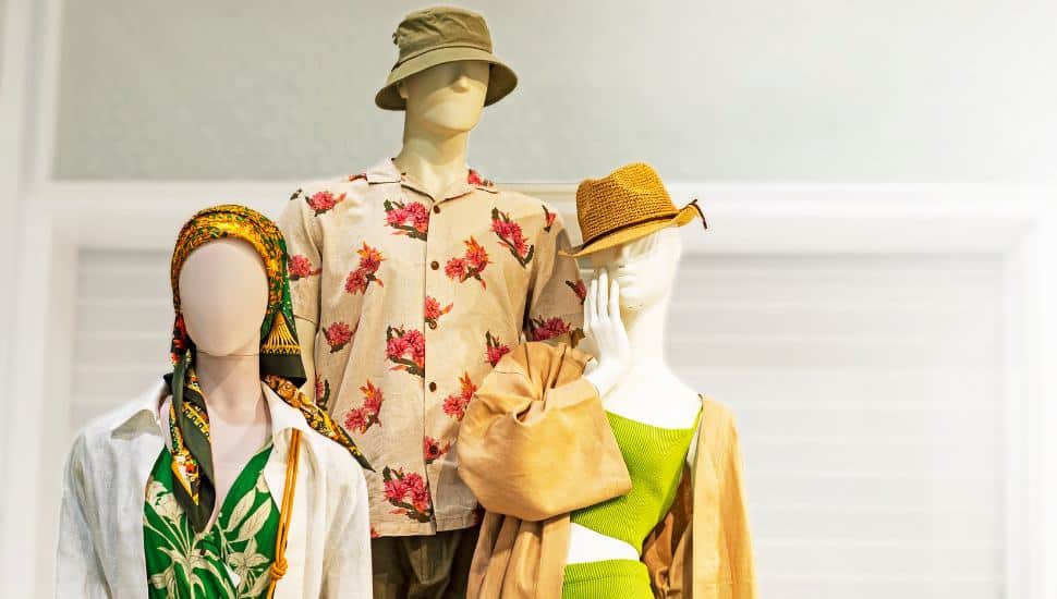 Summer clothes on male and female mannequins.