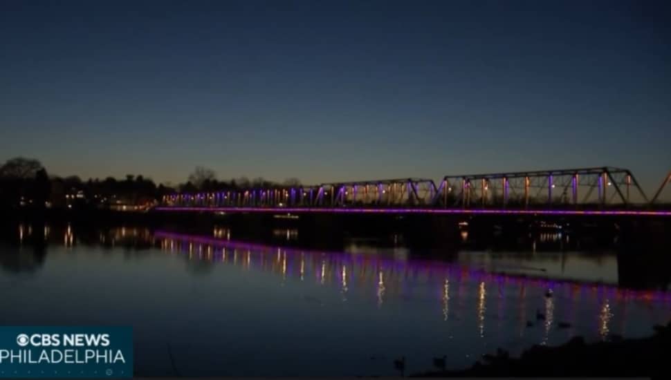 The newly-lit New Hope-Lambertville Bridge at night.