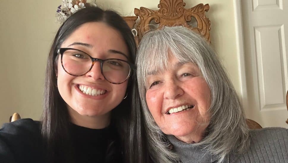 Headshot of Jenna Nurick ‘26SLP with her grandmother, Etta Lee Nurick, Ph.D. Both are smiling and Jenna wears large glasses.