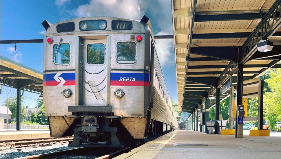 A SEPTA regional rail train pulling into station.