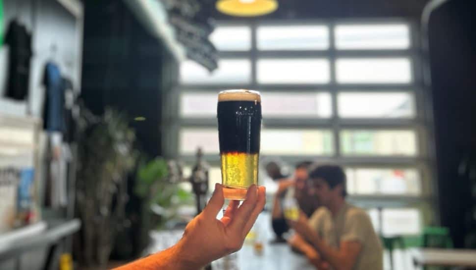 A hand holding up a half and half beer.