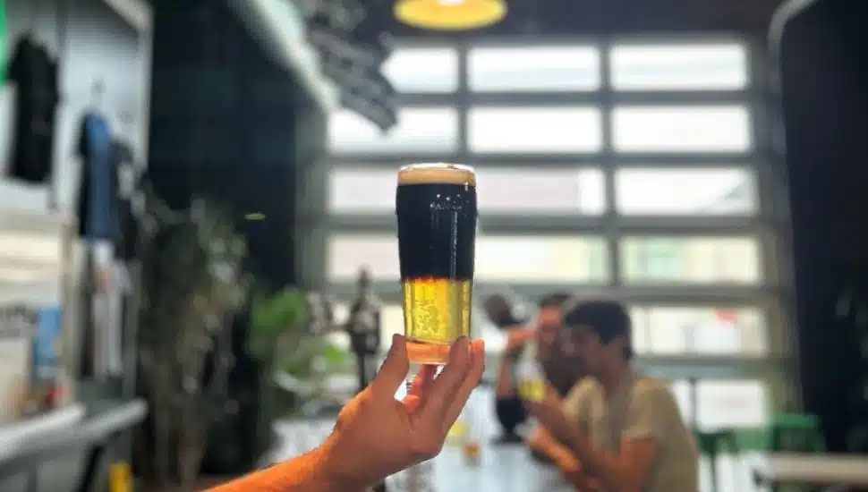 A hand holding up a half and half beer.