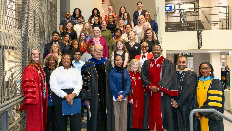 Montgomery County Community College recently celebrated the induction of 80 new members into the Alpha Alpha Alpha National Honor Society. MCCC is the first and only community college in Pennsylvania to host a Tri-Alpha chapter. Pictured are several of those student positioned for a group photo on stairs at MCCC.