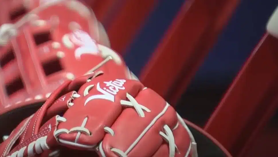 Custom red baseball gloves from Victus Sports.