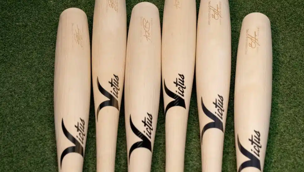 A lineup of Victus Sports' Torpedo bats.