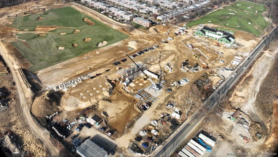 An aerial view of the work being done at the Cobbs Creek Golf and Education Campus.