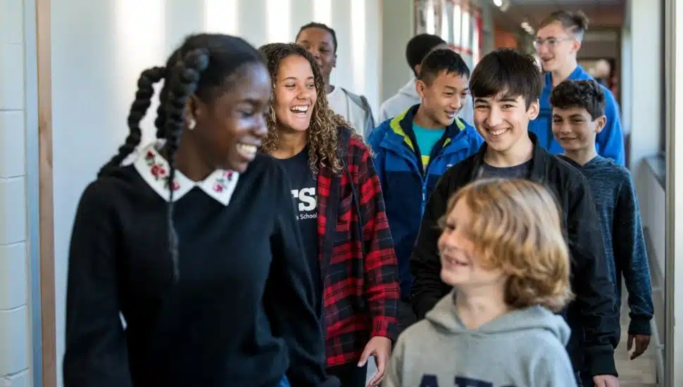 Students smile and talk as they walk down a hallway.
