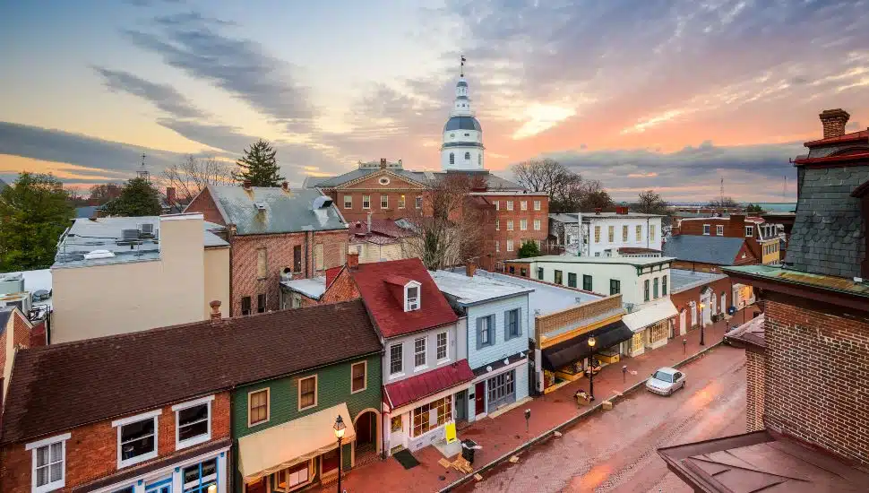 Annapolis, Maryland, USA downtown view over Main Street with the State House.