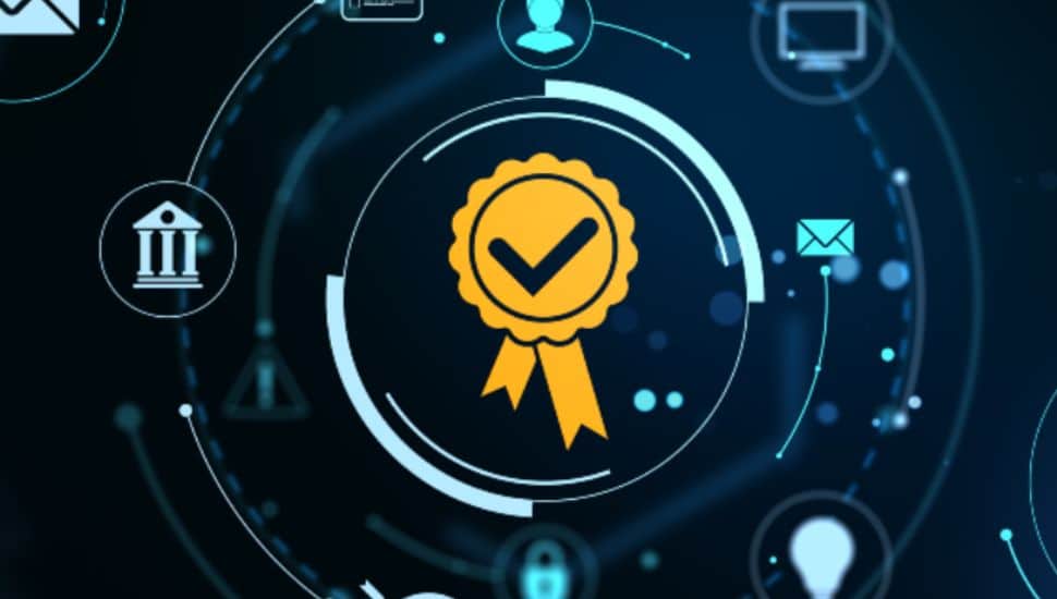 Certification badge icon in digital interface style, glowing light and tech symbols on dark background. Concept of trust, security, validation.