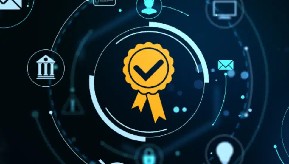 Certification badge icon in digital interface style, glowing light and tech symbols on dark background. Concept of trust, security, validation.
