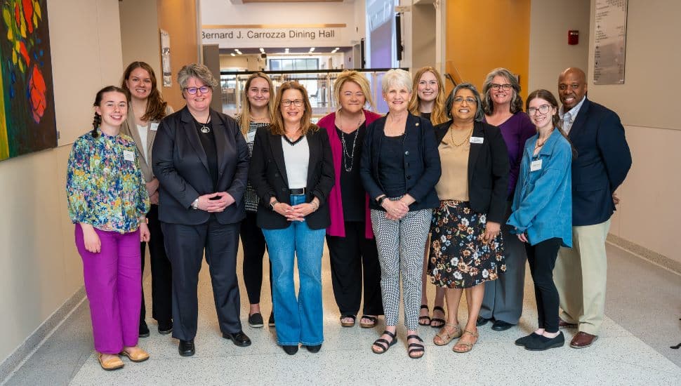Pictured (L to R) are Anna Roe (WCU Student), Katie Kerr (WCU Alumna), Dr. Carrie Rowe (Acting Secretary PA Dept. of Education (PDE)), Elle Majors (WCU Student), Lori Shapiro (First Lady of PA), Dr. Laurie Bernotsky (President of West Chester University), Carolyn Comitta (PA State Senator), Ruby Mundok (Executive Director Governor Shapiro’s Advisory Commission for Next Generation Engagement), Dr. Rita Patel Eng (Senior Director of WCU Center for Civic Engagement and Social Impact), Patricia A. Shields (WCU Associate Vice President for Facilities Operations), Angelina Kenney (WCU Student), and Dr. Zebulun Davenport (WCU Vice President for University Advancement and External Affairs).