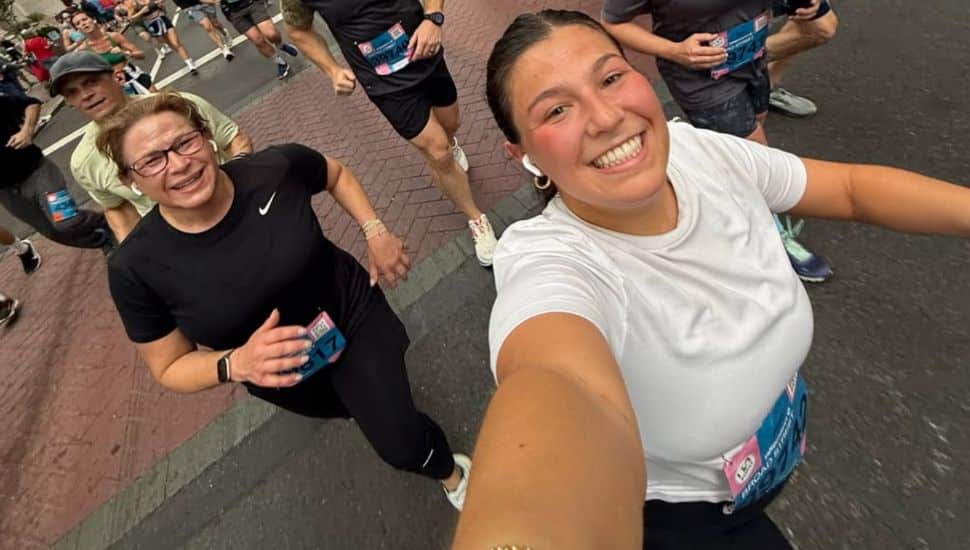 Lori and Sophia Shapiro take a selfie while running the Broad Street Run.