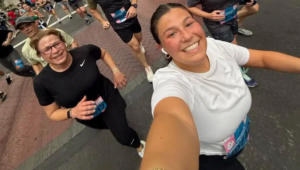 Lori and Sophia Shapiro take a selfie while running the Broad Street Run.