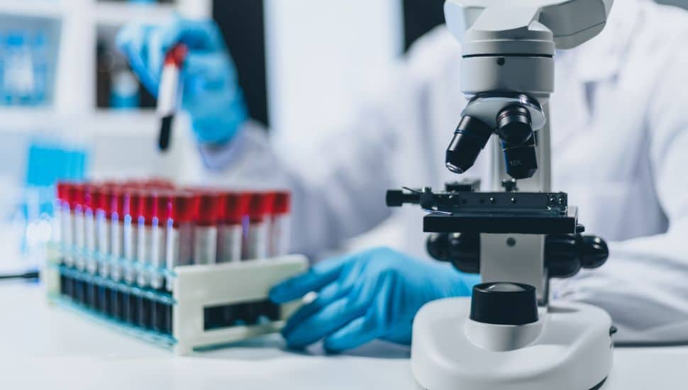 Scientists test the chemical reactions of the colored liquid solution and test biological fluids in test tubes.