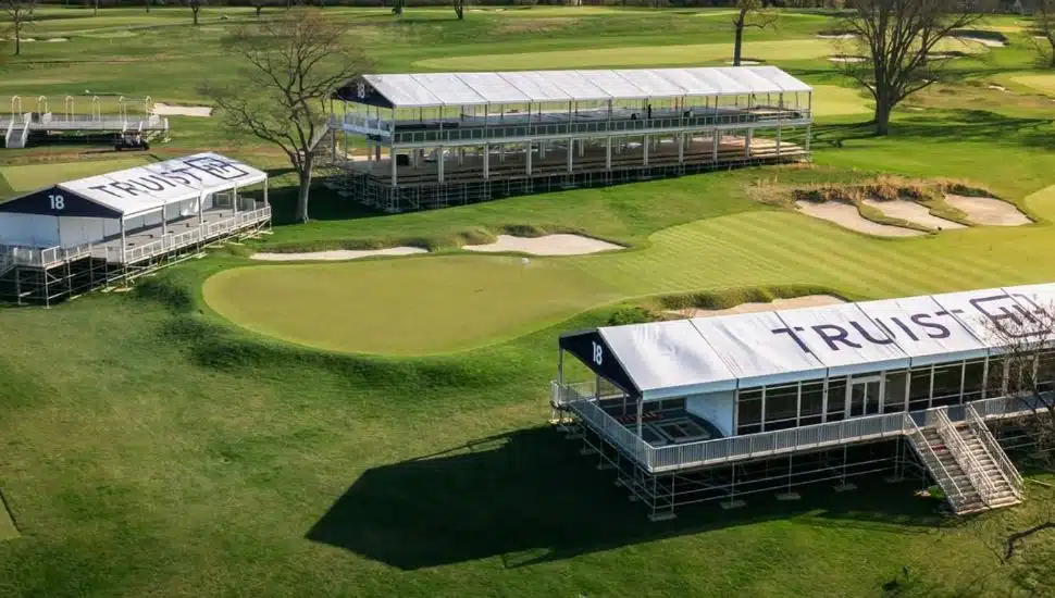 Truist Championship tents erected around the greens at the Philadelphia Cricket Club.