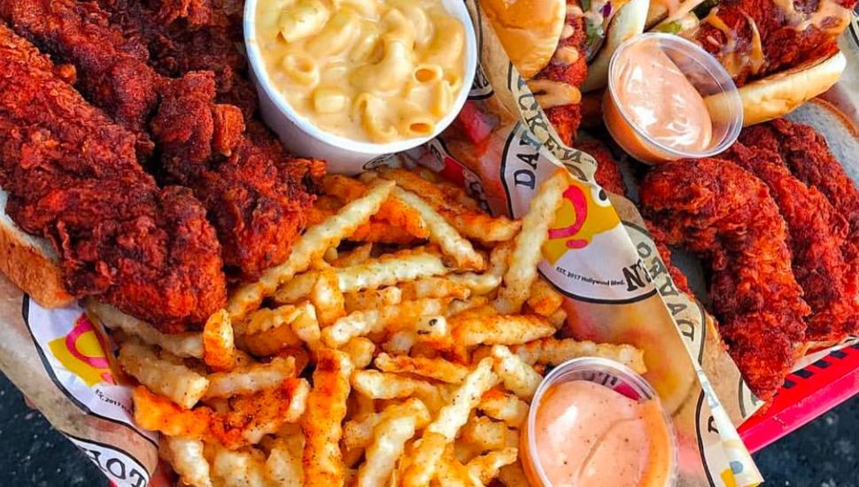Chicken, macaroni and cheese, French fries and sauces all available at Dave's Hot Chicken that had its new opening in Quakertown on May 2.