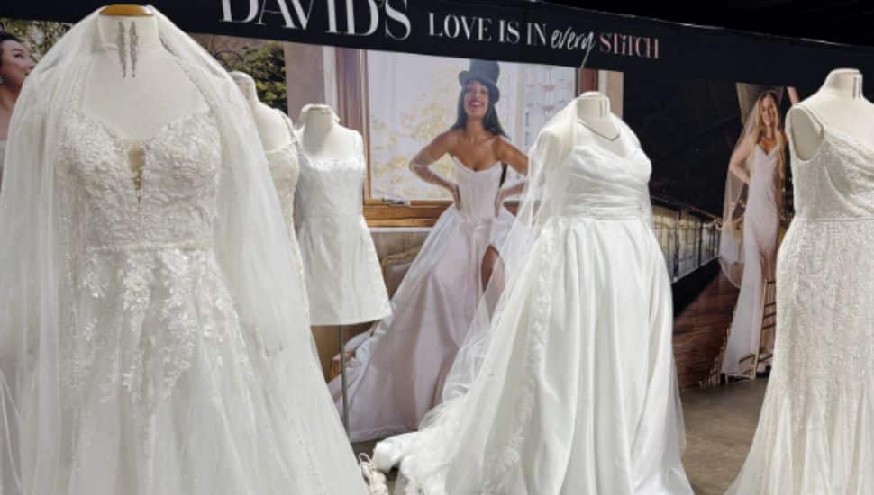 Mannequins displaying David's Bridal wedding dresses.