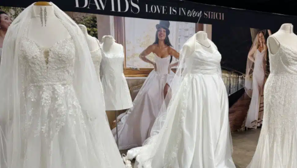 Mannequins displaying David's Bridal wedding dresses.