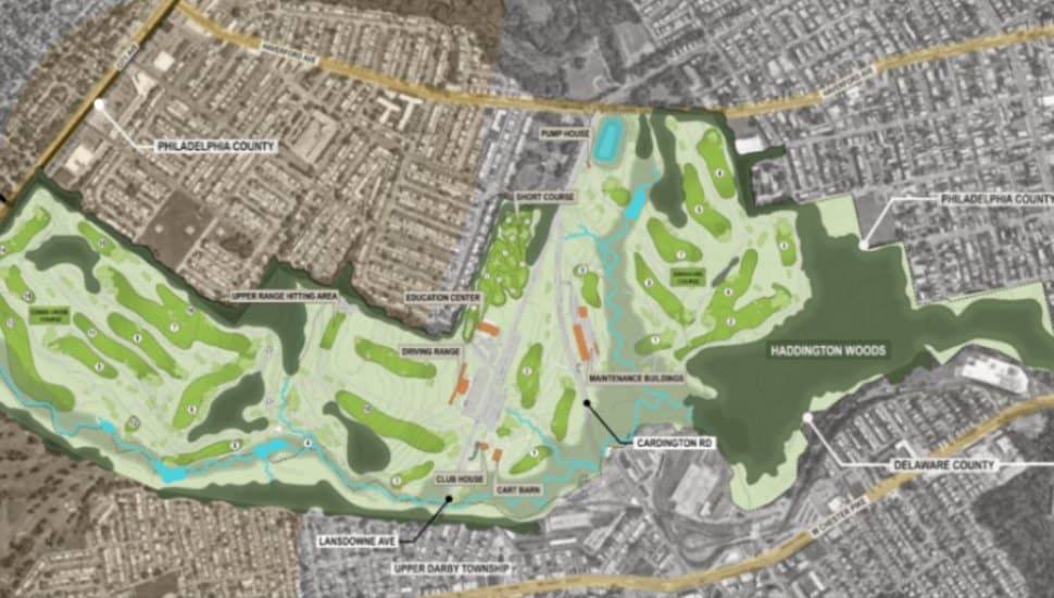 A map shows the final development plan for the Cobbs Creek Golf Course in West Philadelphia and Upper Darby.