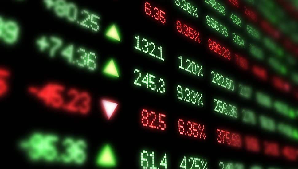 Stock ticker with red and green numbers.