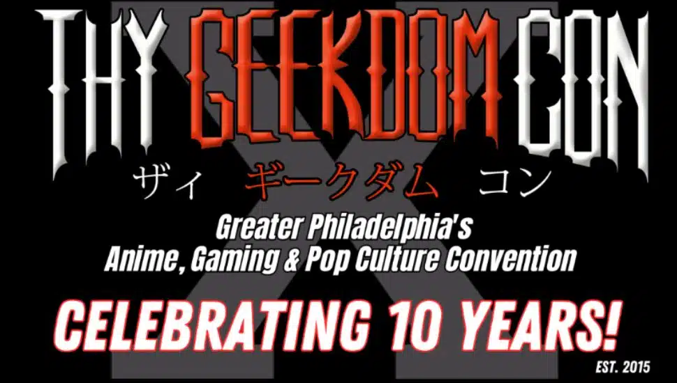 A promo graphic promoting Thy Geekdom Con. Black background and white and red font.