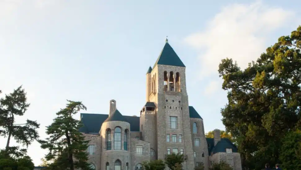 Outside the cathedral at Bryn Athyn College.