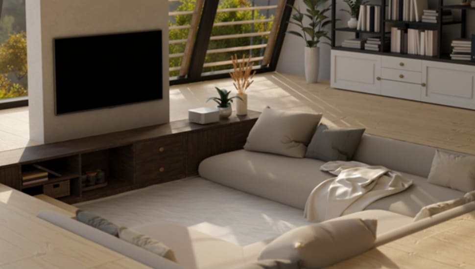Couch in sunken floor boards.