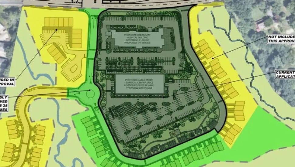 The land development plan for a ChristianaCare micro-hospital in Springfield. A dark center shows the planned hospital project.