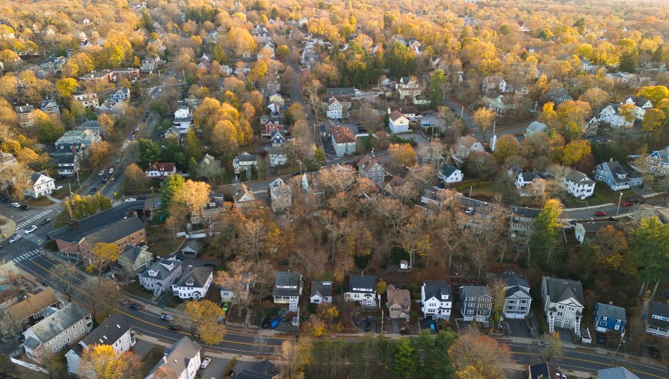 Aerial shot of a town in the fall season.