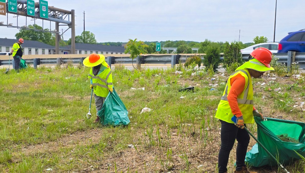 Volunteers pick up trash on side of busy highway.