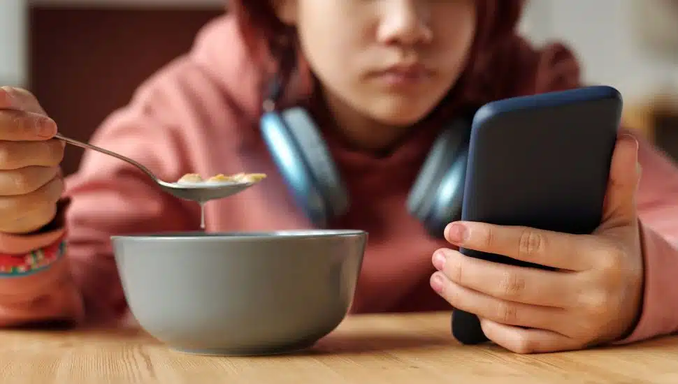 Hand of teenage girl with mobile phone having cornflakes with milk from bowl while sitting by table in front of camera and reading messages.