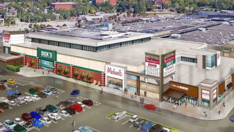 Aerial view of Dick's, Michael's, and Millers Ale House at the Plymouth Meeting Mall.