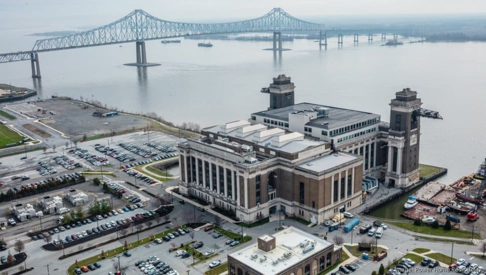 An aerial view of the Wharf at Rivertown, which sits beside the Commodore Barry Bridge.
