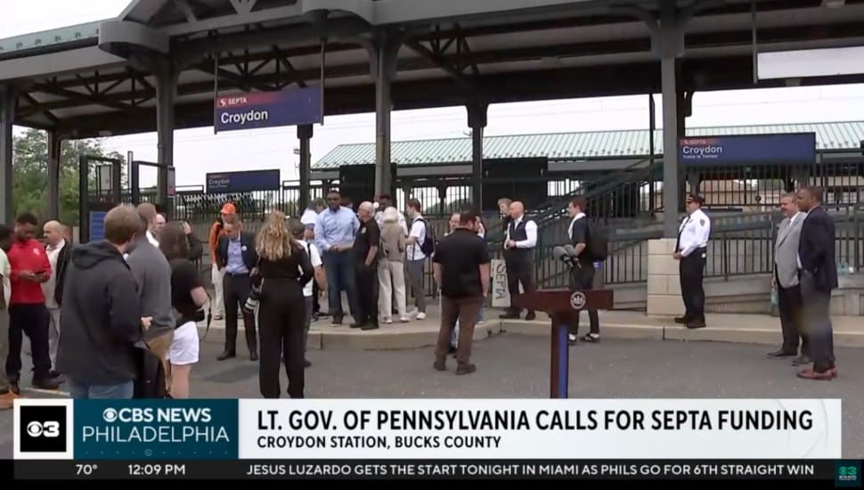Pennsylvania Lt. Gov. Austin Davis and state officials gathered outside Croydon SEPTA station.