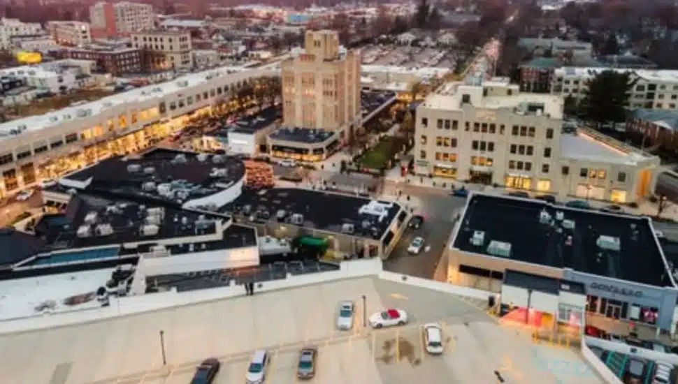Aerial view of Ardmore's Suburban Square in Lower Merion.