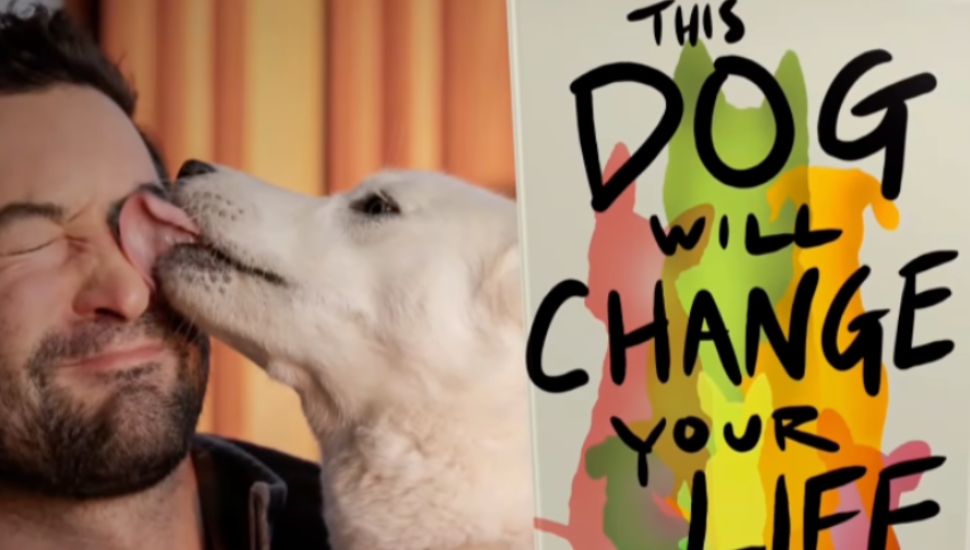A dog licks Elias Weiss Friedman next to his book, 'This Dog Will Change Your Life,'