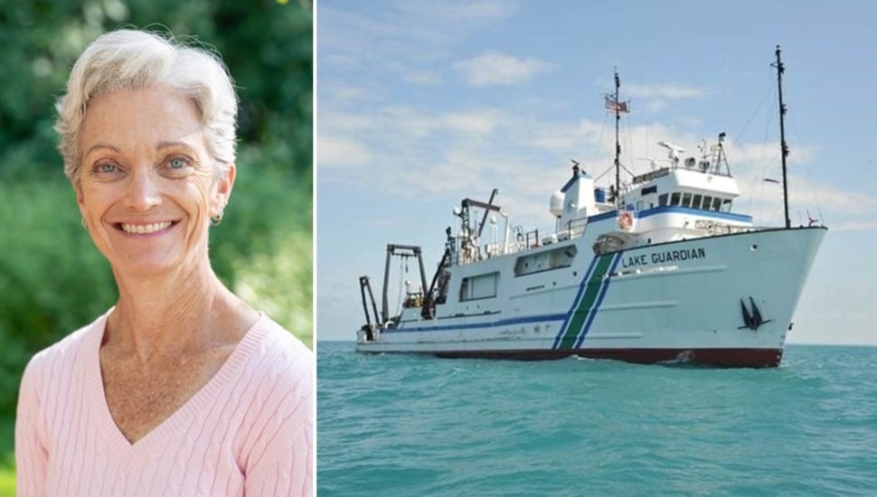 Headshot of female teacher next to image of research vessel.