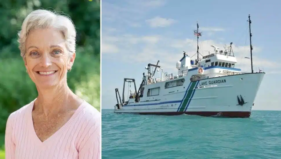 Headshot of female teacher next to image of research vessel.
