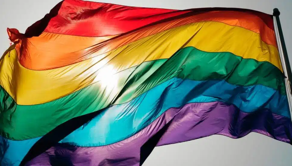 A close up of a Pride flag waving in the wind.