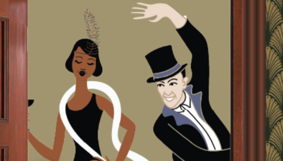 Stylized illustration of a woman in a flapper dress with a feathered headpiece and a man in a top hat and tuxedo dancing joyfully, evoking a 1920s theatrical or jazz-age theme.