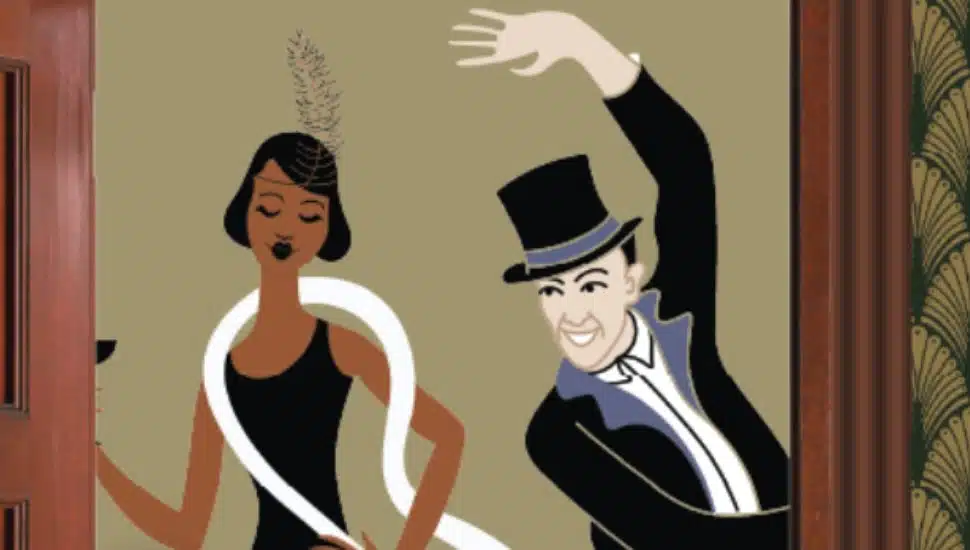 Stylized illustration of a woman in a flapper dress with a feathered headpiece and a man in a top hat and tuxedo dancing joyfully, evoking a 1920s theatrical or jazz-age theme.