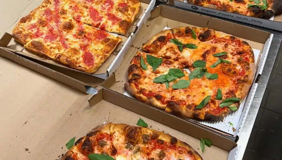 Angelo's Pizza is boxed up side by side.