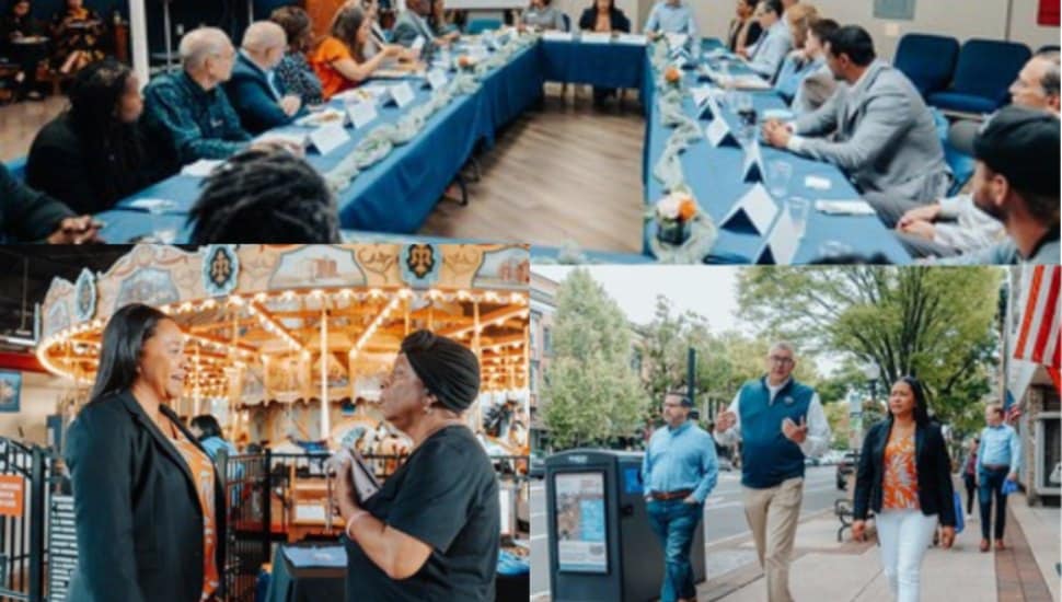Montgomery County Commissioner Jamila Winder engages with community leaders at a roundtable discussion, speaks with a resident near the Pottstown Carousel, and walks along East High Street with local officials and business leaders.