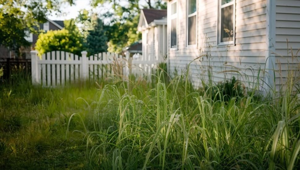 Overgrown grass in front of property.