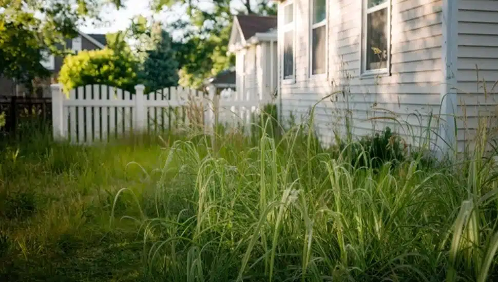 Overgrown grass in front of property.