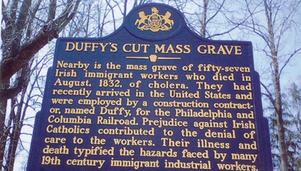 A historical marker near the Duffy's Cut grave site in Malvern.